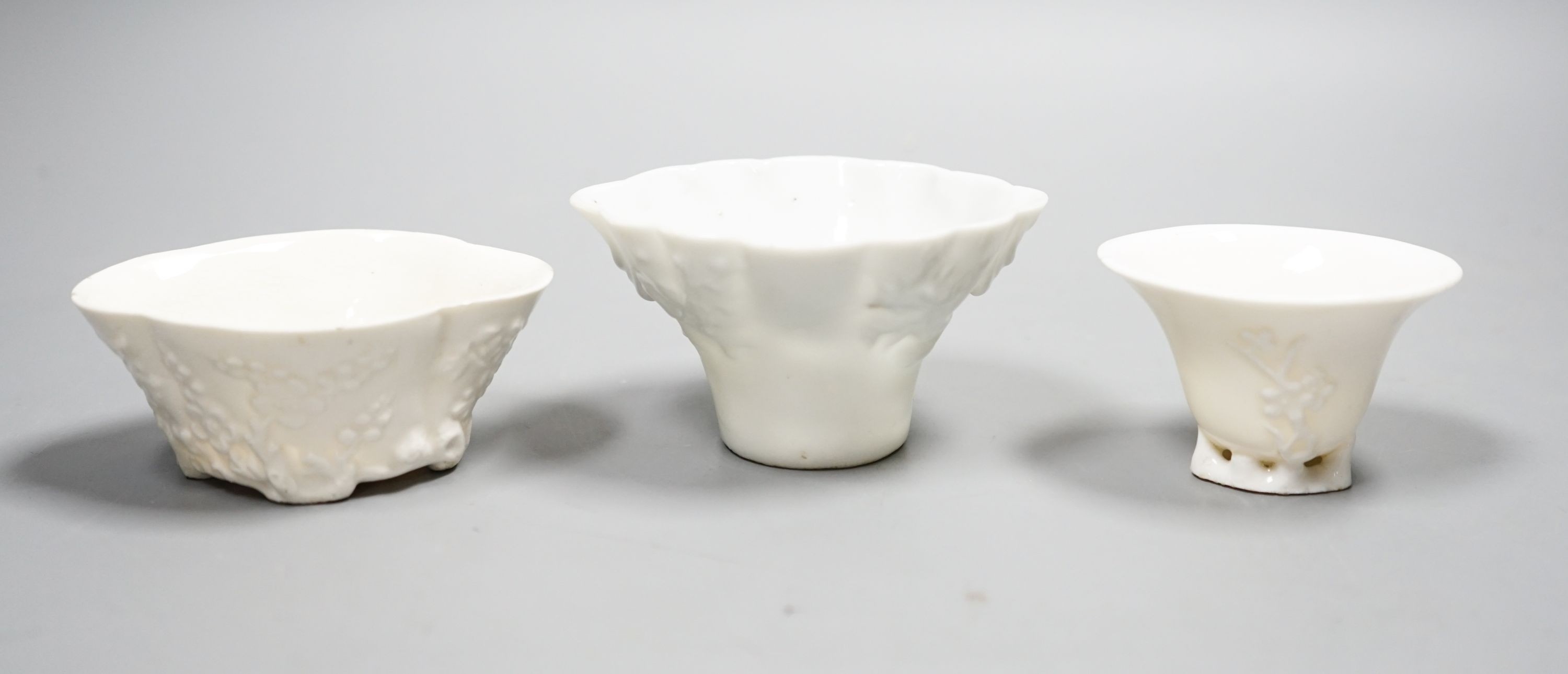 Three Chinese blanc-de-chine libation cups, Kangxi and later, 5.5cm